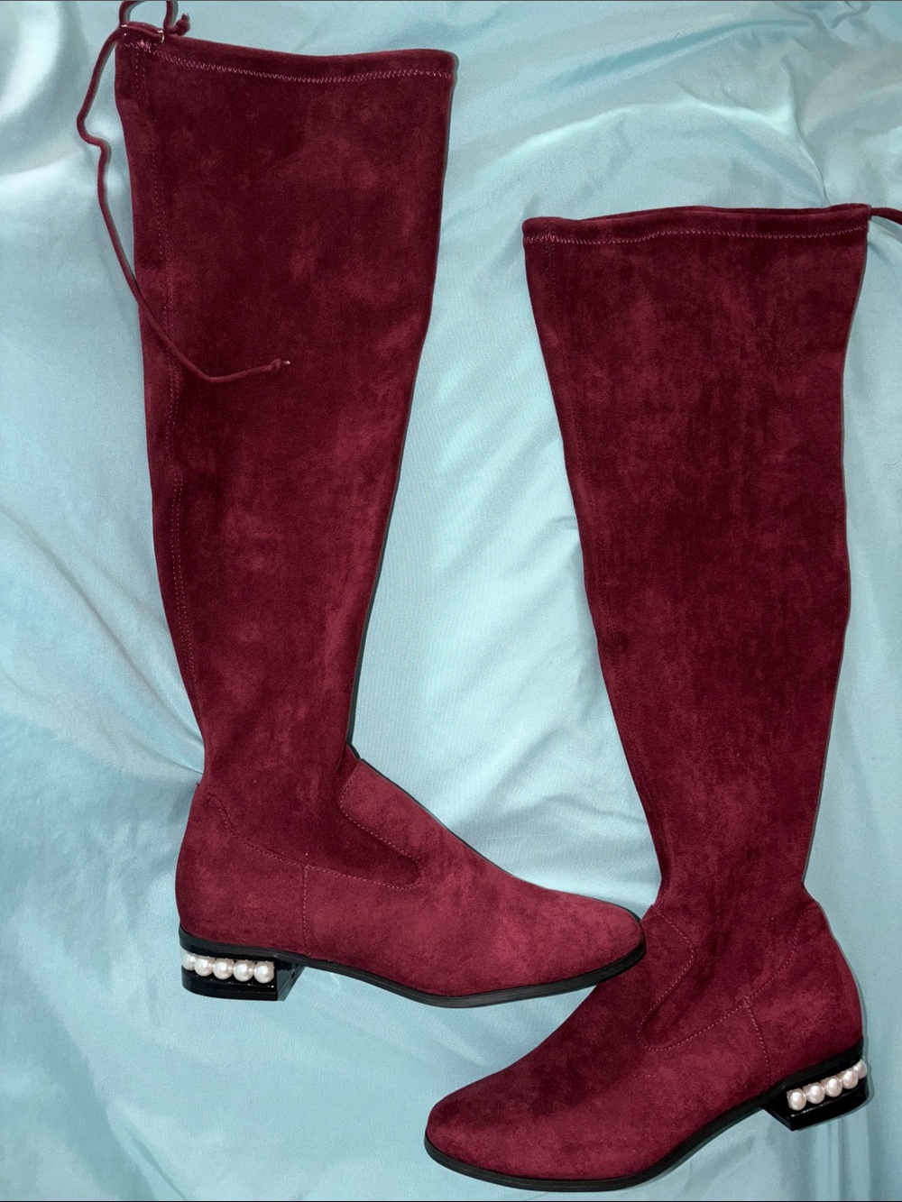 Over-the-Knee Pearl Accent Boots in Burgundy Suede